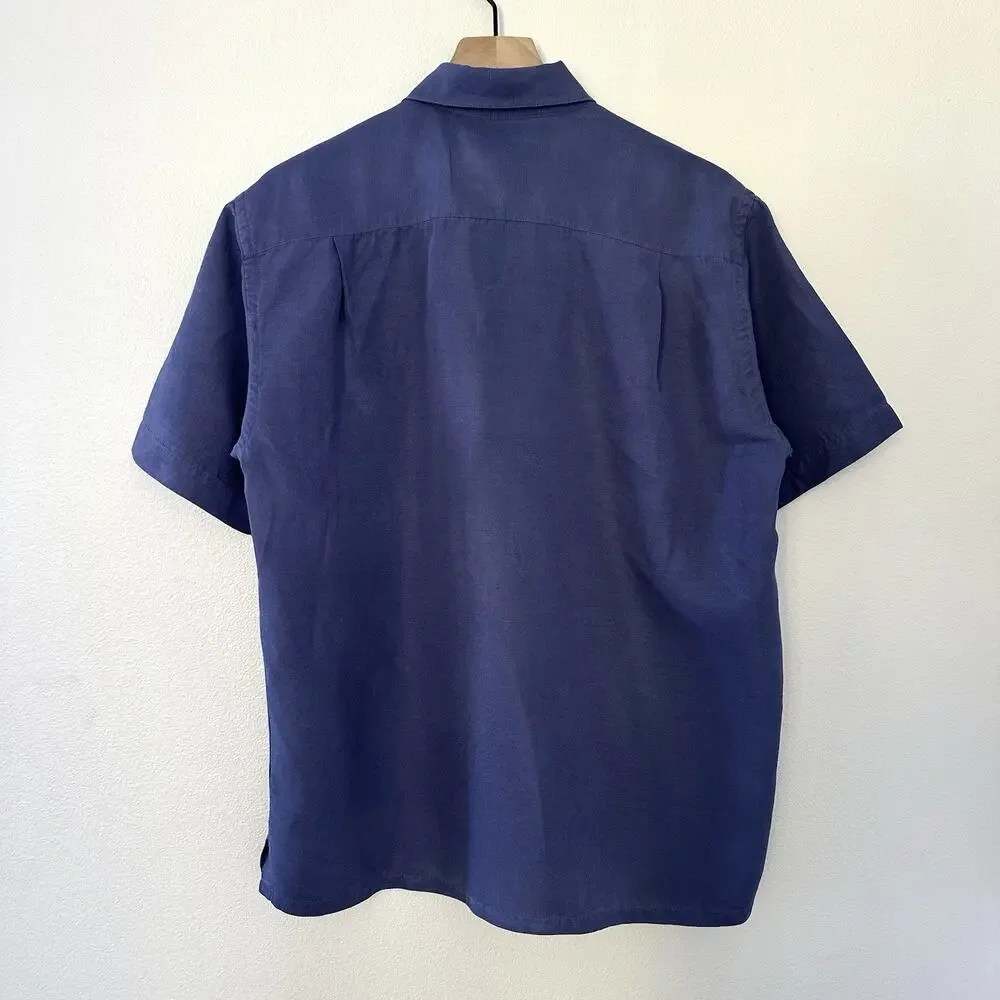 Tasso Elba Silk Linen Short Sleeve Camp Shirt Men's M Blue Coastal Preppy Island